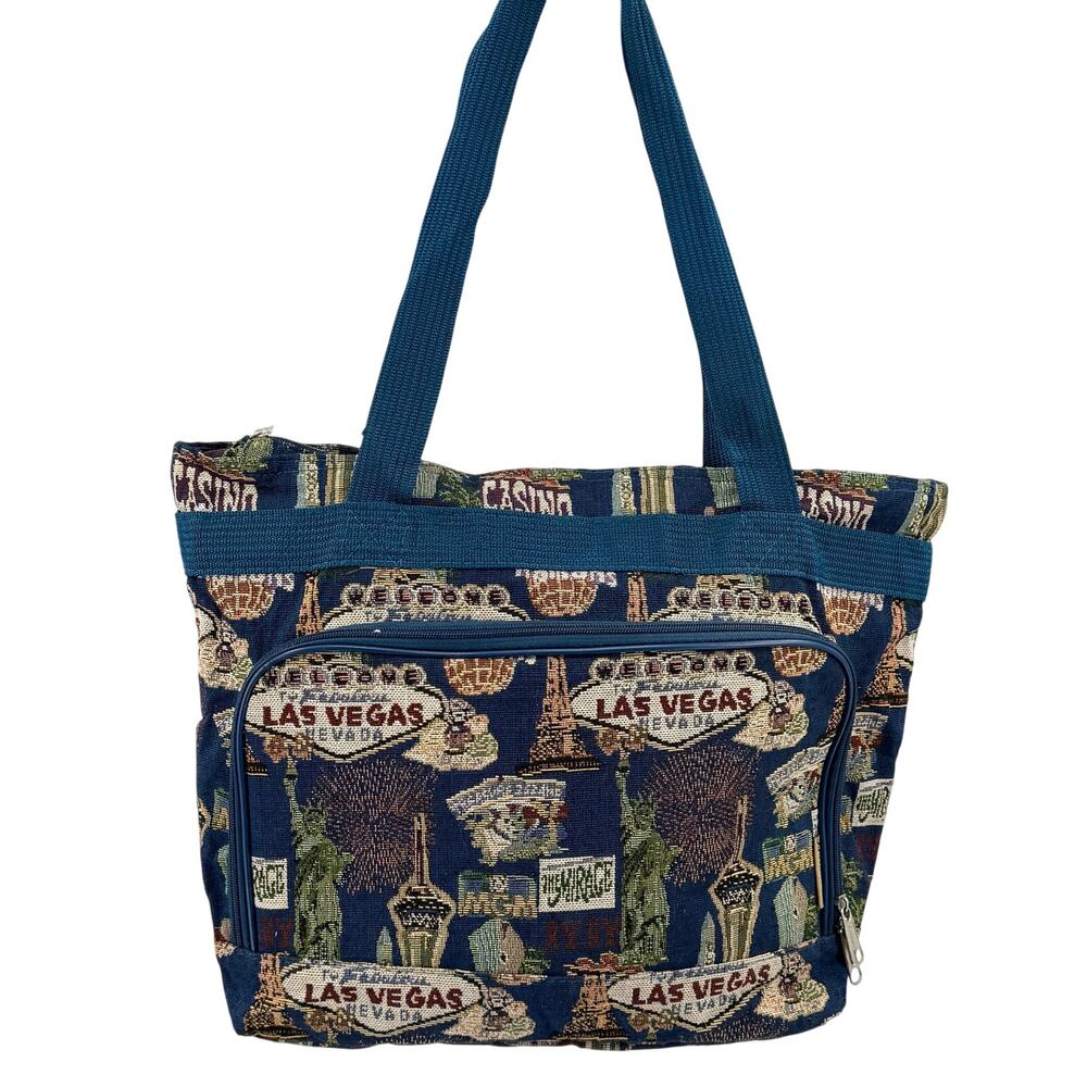 Vintage 90s Bovano USA Blue Las Vegas Tapestry Tote Bag